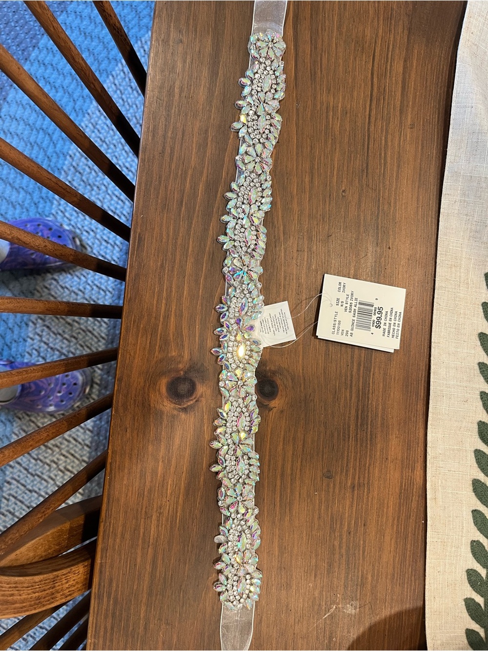 David's Bridal Iridescent Crystal Embellished Belt - Clear/White